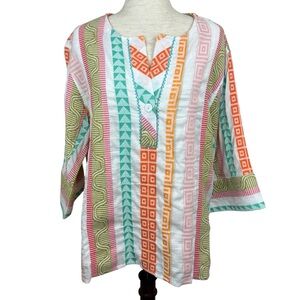 Tru Luxe Jeans Y neck multicolored strip boxy top laven look tribal size XL